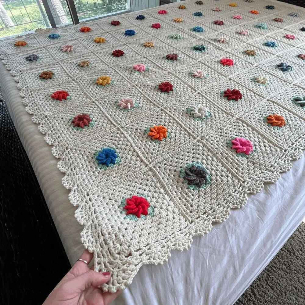 Handmade Crochet Afghan Blanket Puff 3D Flowers Cotton Blend 72x52 Boho Cottagec